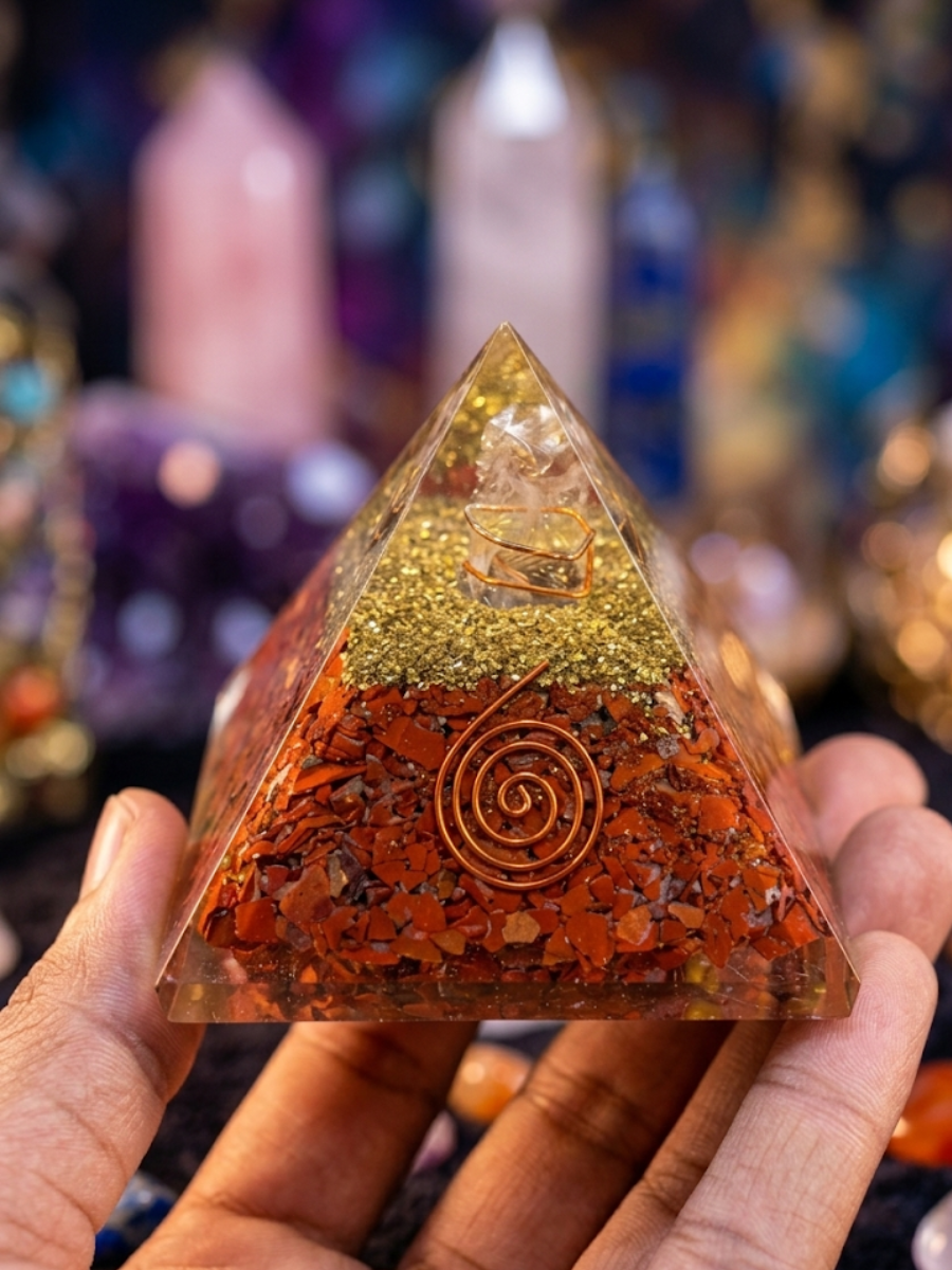 Original Red Jasper Orgone Pyramid with Copper Spiral & Crystal Point - Image 2