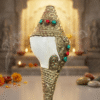 ORIGINAL LARGE TIBETAN RITUAL DECORATIVE SHANKH HANDCRAFTED METAL MOUNTED CONCH SHELL