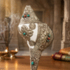 ORIGINAL TIBETAN BUDDHIST RITUAL SHANKH TRADITIONAL HANDCRAFTED SILVER PLATED METAL MOUNTED DECORATIVE CONCH SHELL